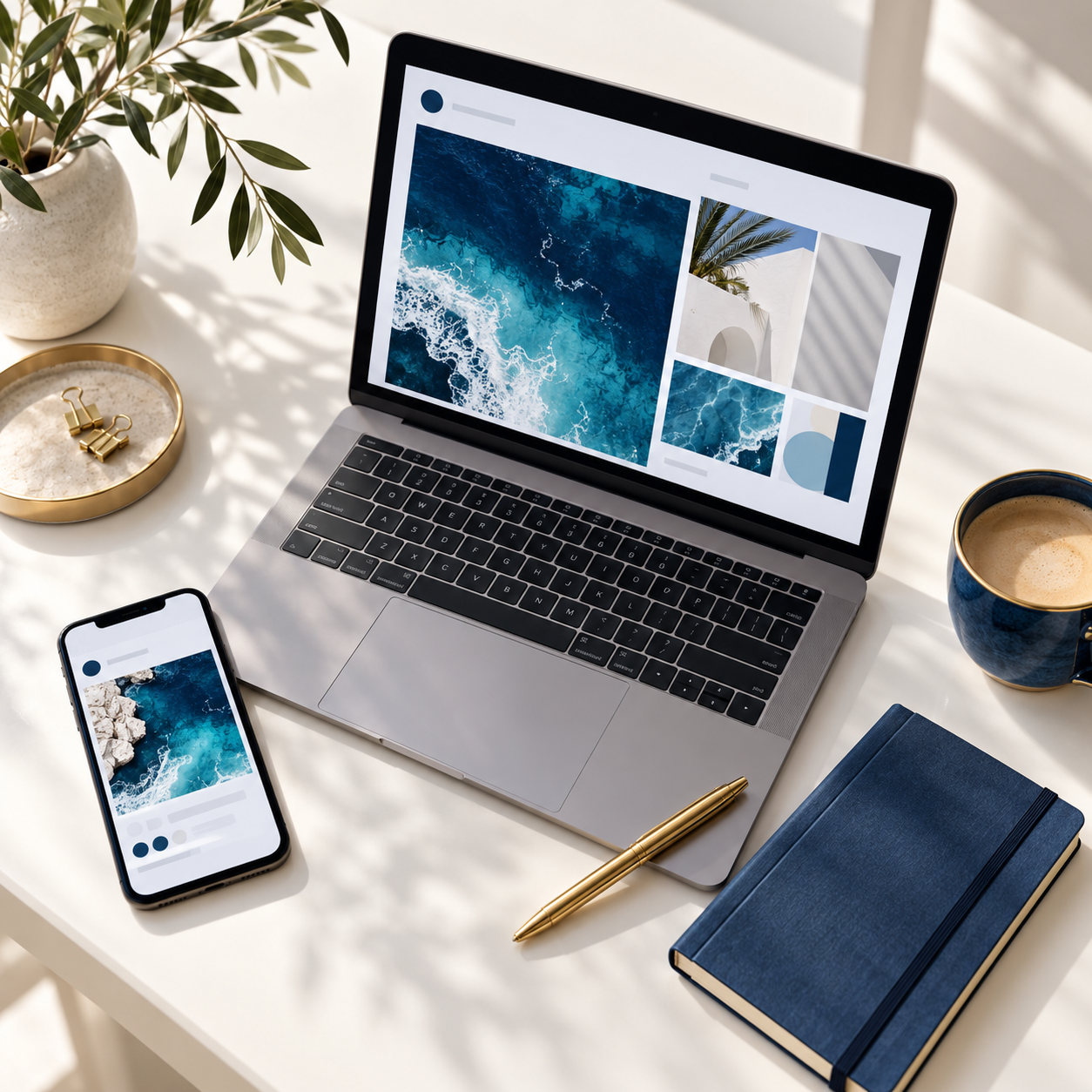 Illustrative digital marketing workspace with a laptop, phone and notebook